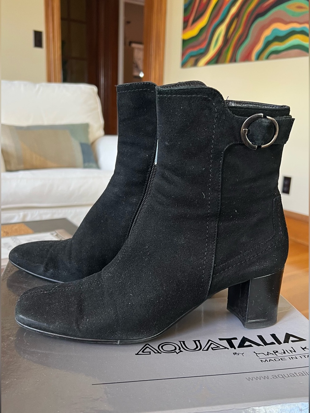Aquatalia Black Suede Ankle Booties with Buckle Accent, waterproof, warm